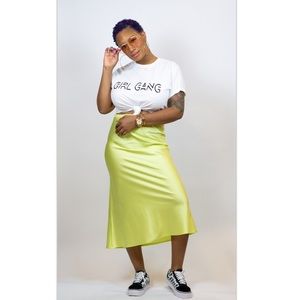 Lime Neon Green Silk Midi Skirt
